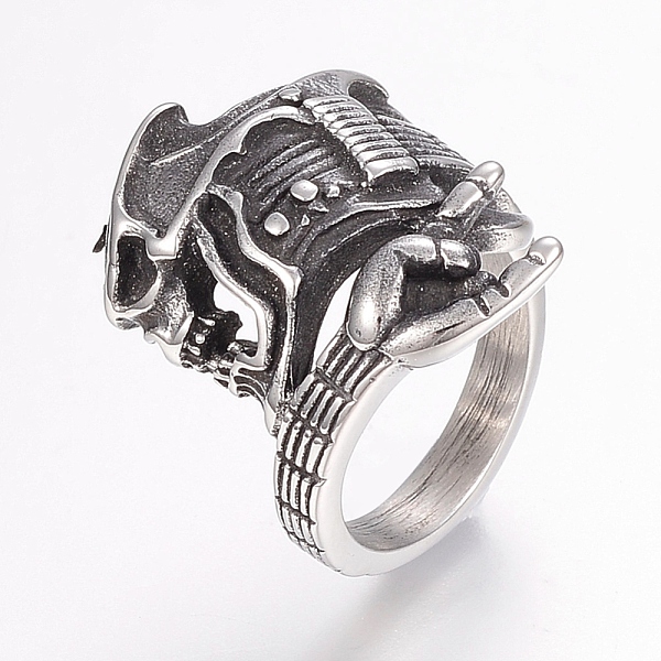 PandaHall 304 Stainless Steel Finger Rings, Skull, Antique Silver, 17~22mm 304 Stainless Steel