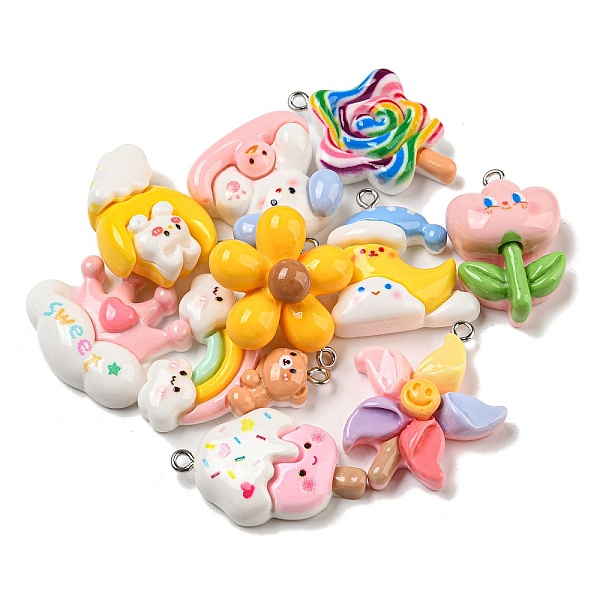 

PandaHall Opaque Resin Pendants, Flower & Rainbow & Crown, with Platinum Plated Iron Loops, Mixed Shapes, Mixed Color, 26~32x19~28.5x7~12mm..., Multicolor