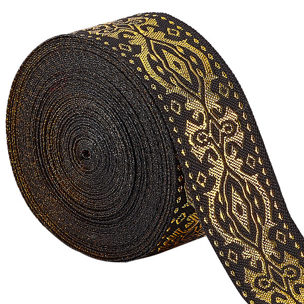 

PandaHall GORGECRAFT Ethnic Jacquard Ribbon 33mm Wide Double Side Gold Floral Embroidery Polyester Woven Ribbons Black Trim Fringe Band for...