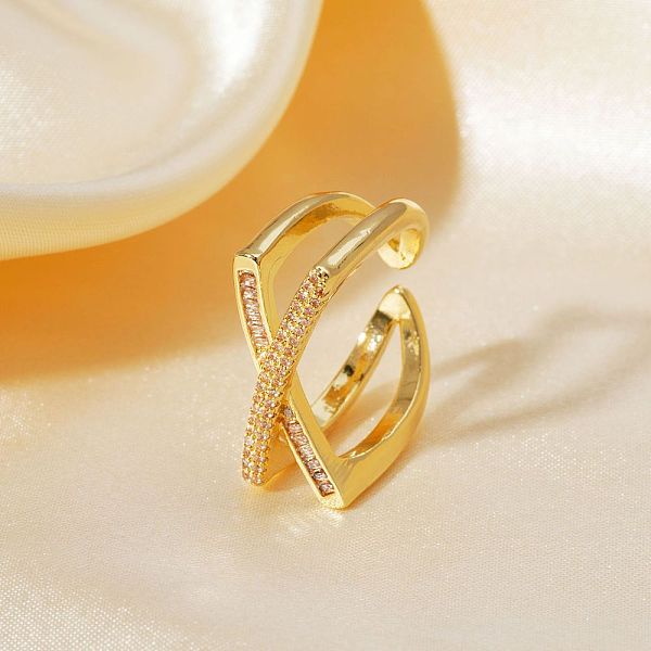 Hip-hop Style X-shaped Brass Micro Pave Clear Cubic Zirconia Cuff Rings for Women