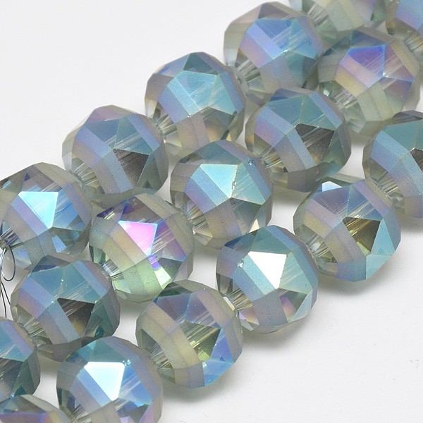 

PandaHall Electroplate Glass Beads Strands, Rainbow Plated, Frosted, Faceted, Round, Light Sky Blue, 7~8x7mm, Hole: 1.5mm, about...