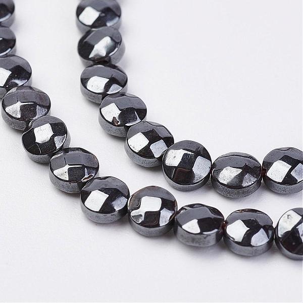 PandaHall Non-magnetic Synthetic Hematite Beads Strands, Faceted, Flat Round, 4.5x2.5mm, Hole: 0.5mm, about 94pcs/strand, 15.94 inch...