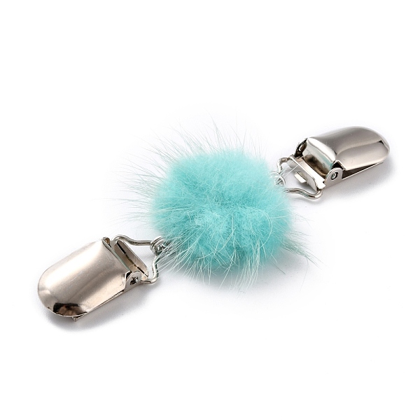 PandaHall Vintage Alloy Cardigan Clips, with Faux Mink Fur Covered Round Beads, Sweater Collar Clip, Platinum, Cyan, 110mm Alloy Cyan