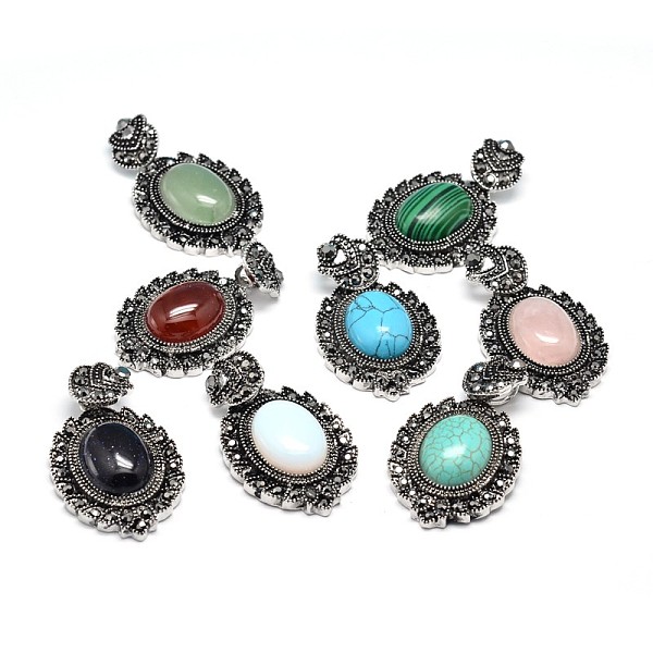 PandaHall Natural & Synthetic Gemstone Gothic Pendants, with Antique Silver Plated Zinc Alloy Rhinestone Findings, Oval, Lead Free & Nickel...