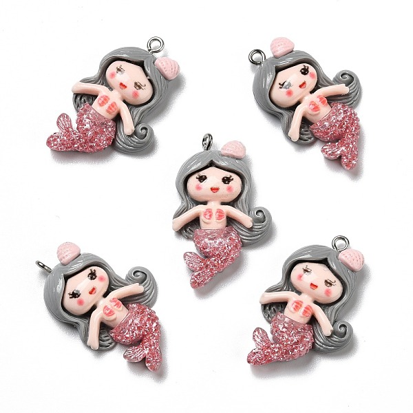 PandaHall Opaque Resin Pendants, with Glitter Powder and Platinum Tone Iron Loops, Mermaid, Silver, 35x21.5x6mm, Hole: 2mm Iron+Resin Human...