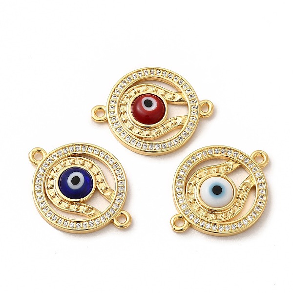 

PandaHall Rack Plating Real 18K Gold Plated Brass Micro Pave Clear Cubic Zirconia Connector Charms, Flat Round Links with Evil Eye, with..., Multicolor