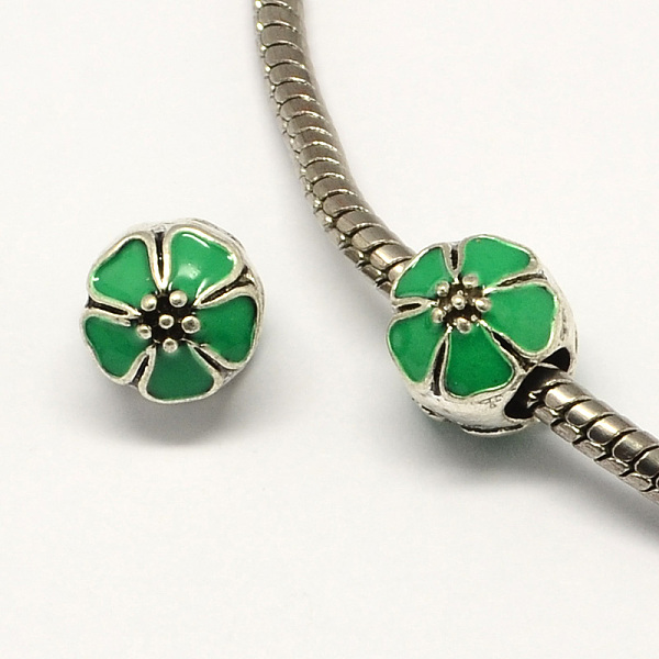 

PandaHall Alloy Enamel Flower Large Hole Style European Beads, Antique Silver, Sea Green, 10x11mm, Hole: 4mm Alloy+Enamel Flower Green