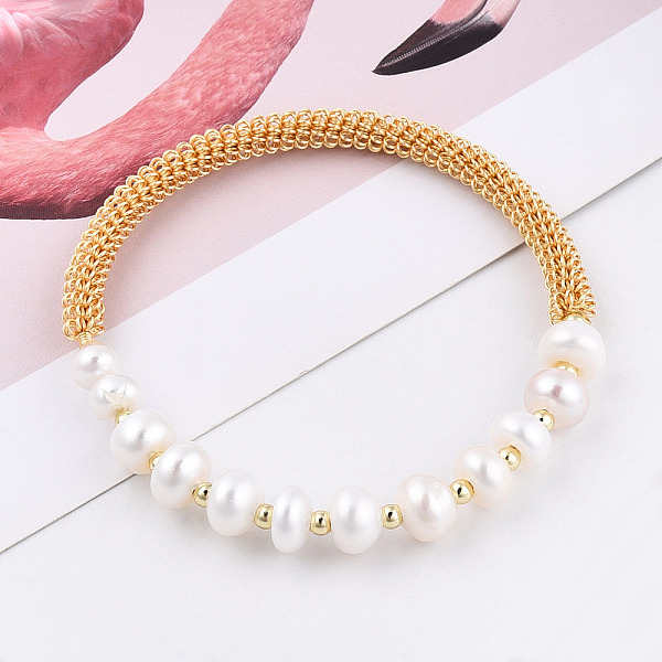 

PandaHall Natural Cultured Freshwater Pearl Beads Cuff Bangle, Real 14K Gold Plated Brass Jewelry for Women, Creamy White, Inner Diameter: 2...