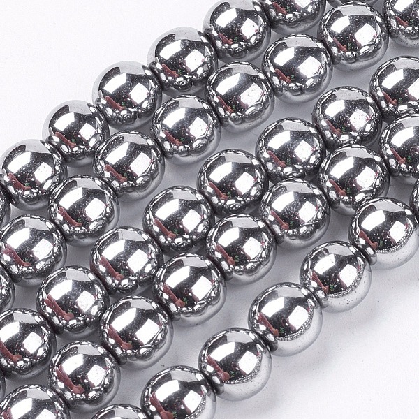 

PandaHall 8MM Grade A Round Non-Magnetic Synthetic Hematite Beads Strands, Platinum Plated, 8mm, Hole: 1~2mm, about 55pcs/strand...