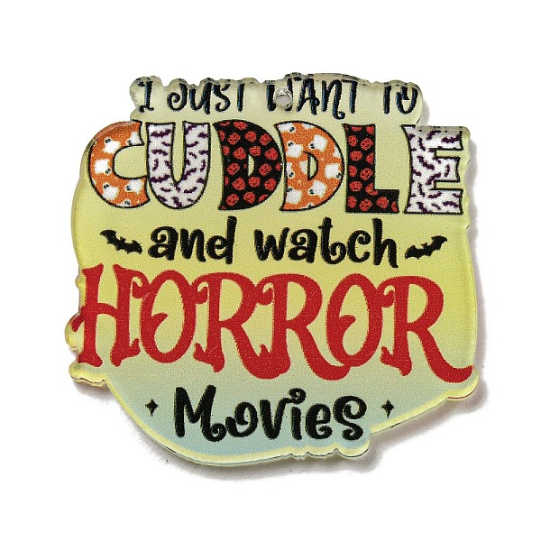 

PandaHall Halloween Printed Acrylic Pendants, Word, 41x42.5x2.2mm, Hole: 1.4mm Acrylic Word Yellow