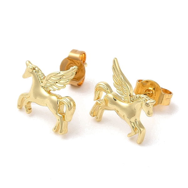PandaHall Rack Plating Brass Unicorn Stud Earrings for Women, Cadmium Free & Lead Free, Real 18K Gold Plated, 11x11mm Brass Unicorn