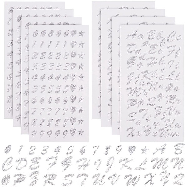 PandaHall 8 Sheets Letter, Number and Heart & Star Glitter Paper Stickers, with PVC Cover, Silver, 4sheets/style Paper Rectangle Silver