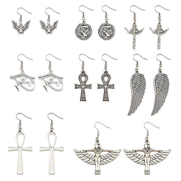 

PandaHall FIBLOOM 8 Pairs 8 Sytle Bat & Ankh Cross & Eye of Ra/Re & Egyptian Zinc Alloy Dangle Earrings, 304 Stainless Steel Jewelry for...