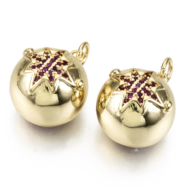 

PandaHall Brass Micro Pave Cubic Zirconia Pendants, with Jump Rings, Nickel Free, Round with Flower, Real 16K Gold Plated, Medium Violet Red...