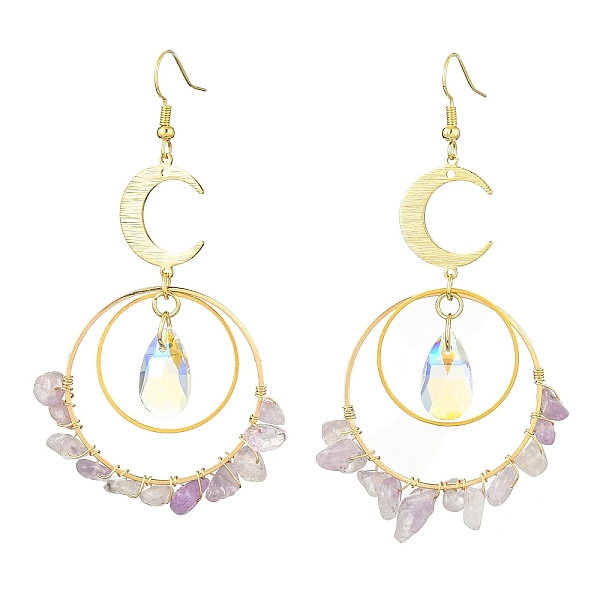 

PandaHall Brass Moon & Rings Dangle Earrings, Natural Amethyst Chips & Glass Teardrop Long Drop Earrings, Golden, 78x43~46mm Amethyst Moon