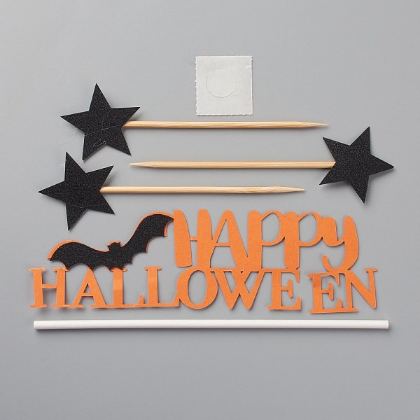 PandaHall DIY Halloween Theme Paper Cake Insert Card Decoration, with Plastic Rod, for Cake Decoration, Bat and Word Happy Halloween, Mixed...