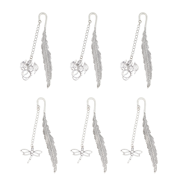 

PandaHall SUPERFINDINGS 6Pcs 2 Styles Metal Feather Bookmarks Dragonfly Dragon Bookmarks Gift Antique Silver Tibetan Style Alloy Pendant...