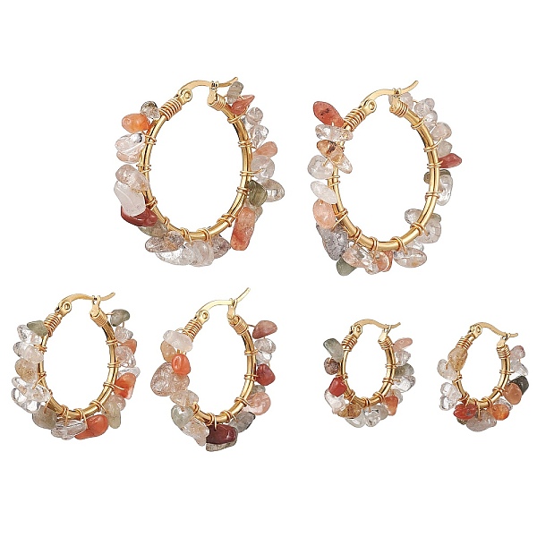 

PandaHall 3 Pairs 3 Size Natural Rutilated Quartz Chips Hoop Earrings, 304 Stainless Steel Wire Wrap Earrings, 23~35x5~8.5mm, 1 Pair/size...