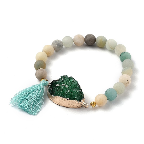 

PandaHall Round Natural Flower Amazonite Stretch Charm Bracelets, with Druzy Trimmed Stone, Polyester Tassel and Brass Findings, Golden...