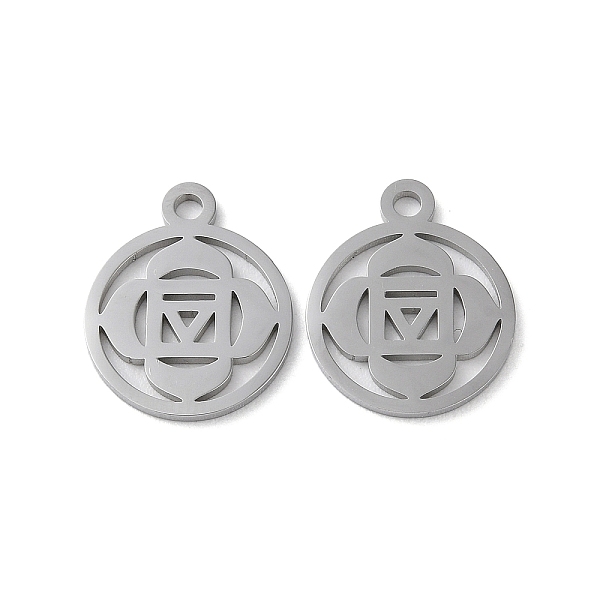 

PandaHall Chakra 304 Stainless Steel Charms, Laser Cut, Round Ring with MULADHARA Charms, Stainless Steel Color, 14.5x12x1mm, Hole: 1.6mm...