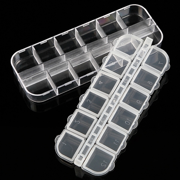 

PandaHall 12 Grids Plastic Bead Containers, for Rhinestone, Nail Art Cabochons, Clear, 13x5x1.5cm Plastic Rectangle Clear