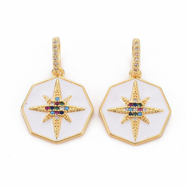 

PandaHall Brass Micro Pave Colorful Cubic Zirconia Pendants, with Enamel, Nickel Free, Real 18K Gold Plated, Octagon, White, 19x17x2mm, Hole...