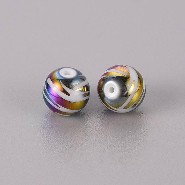

PandaHall Electroplate Glass Beads, Round with Pattern, Multi-color Plated, 10mm, Hole: 1.2mm Glass Others