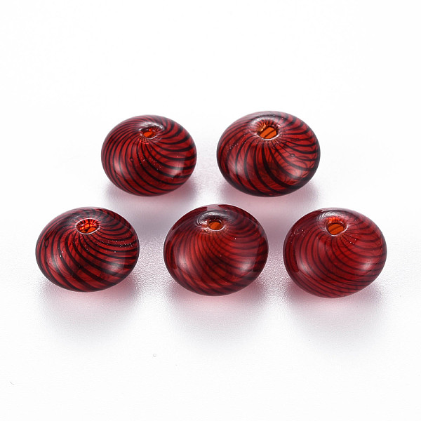 

PandaHall Transparent Handmade Blown Glass Globe Beads, Stripe Pattern, Flat Round, FireBrick, 15.5~17.5x10~12mm, Hole: 1~2mm Glass Flat..., Red