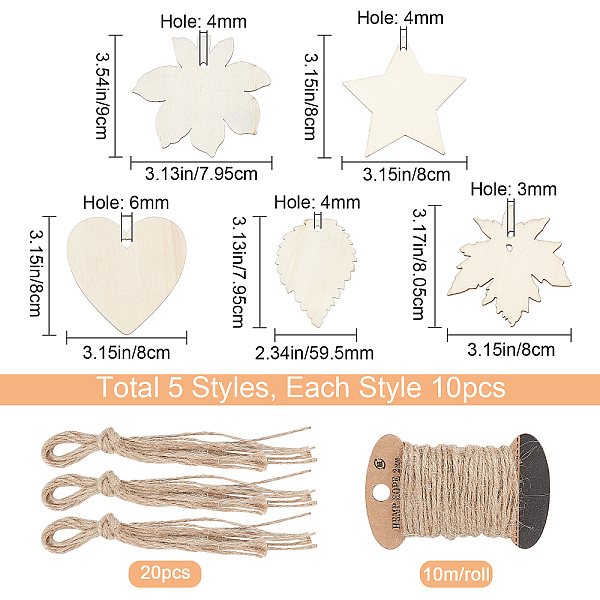 

PandaHall Gorgecraft Undyed Wooden Big Pendants, with Jute Cord, Antique White, Wood Pendants: 30pcs Wood Mixed Shapes