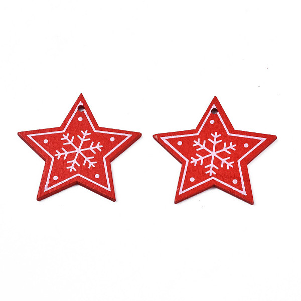 

PandaHall Christmas Theme Spray Painted Wood Pendants, Single-Sided Printed, Star with Snowflake, Red, 47x49x2.5mm, Hole: 2mm Wood Star Red