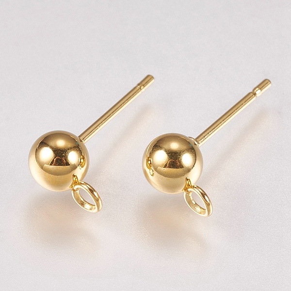 

PandaHall 202 Stainless Steel Stud Earring Findings, with 304 Stainless Steel Pins and Loop, Golden, 16x7.5mm, Hole: 1.2mm, Ball: 5mm, Pin...