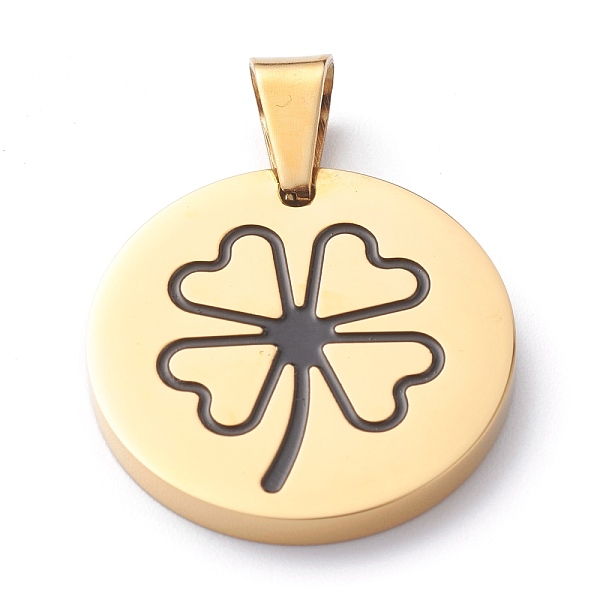 

PandaHall Ion Plating(IP) 304 Stainless Steel Pendants, with Enamel, Polishing, Flat Round with Clover, Golden, 25x3mm, Hole: 7.5x5mm 304...