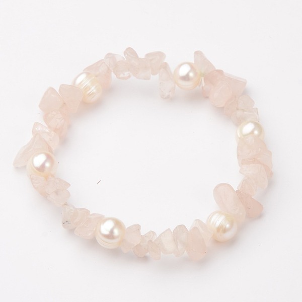 

PandaHall Gemstone Chip Stretch Bracelets, with Grade B Potato Freshwater Pearl Beads, Rose Quartz, 55mm Rose Quartz Multicolor