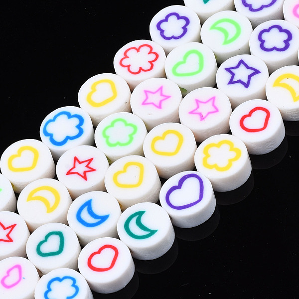 

PandaHall Handmade Polymer Clay Bead Strands, Flat Round with Flower & Moon & Star & Heart, Mixed Color, 9~9.5x4~4.5mm, Hole: 1.6mm, about..., Multicolor