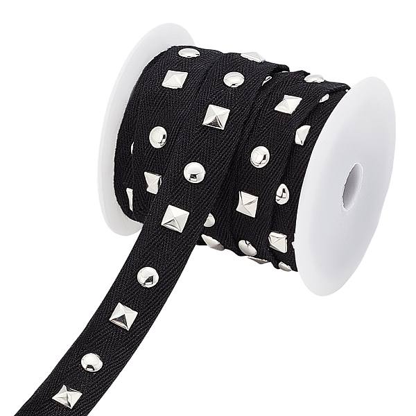 

PandaHall AHANDMAKER 9.84 Yards 20 mm Wide Sliver Aluminum Studded Polyester Cord, Black Flat Polyester Ribbon Trim with Round and Square...