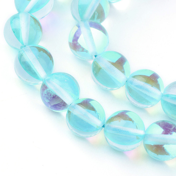 PandaHall Synthetic Moonstone Beads Strands, Holographic Beads, Dyed, Round, Light Sky Blue, 8mm, Hole: 1mm, about 45~47pcs/strand, 14~15...