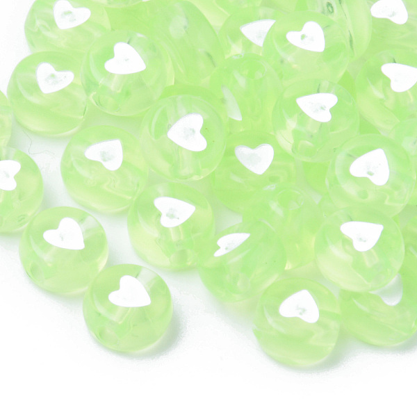 

PandaHall Transparent Acrylic Beads, Flat Round with White Heart, Light Green, 7x3.5mm, Hole: 1.8mm, about 3700pcs/500g Acrylic Flat Round