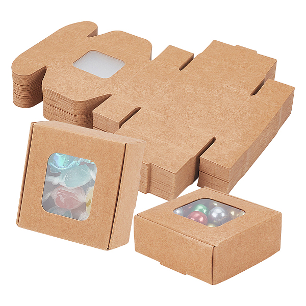 PandaHall Square Foldable Creative Kraft Paper Box, Gift Box with Visible PVC Window, Tan, 5.5x5.5x2.5cm Paper Square Orange