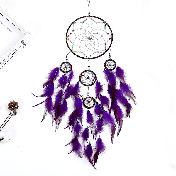 

PandaHall Silk Thread Woven Net/Web with Feather Pendant Decoration, with Iron Ring & Beads, Flat Round, Indigo, 85~90x20cm Feather Flat..., Purple