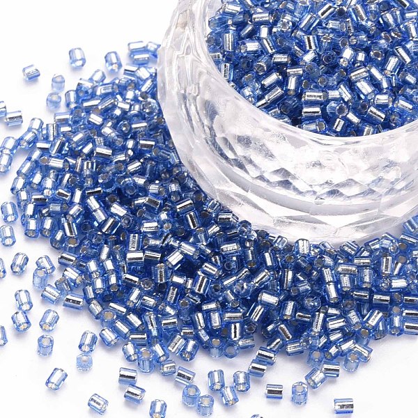 

PandaHall Glass Bugle Beads, Silver Lined, Cornflower Blue, 1.8~2.2x1.8~2mm, Hole: 0.8~0.9mm, about 15000pcs/pound Glass