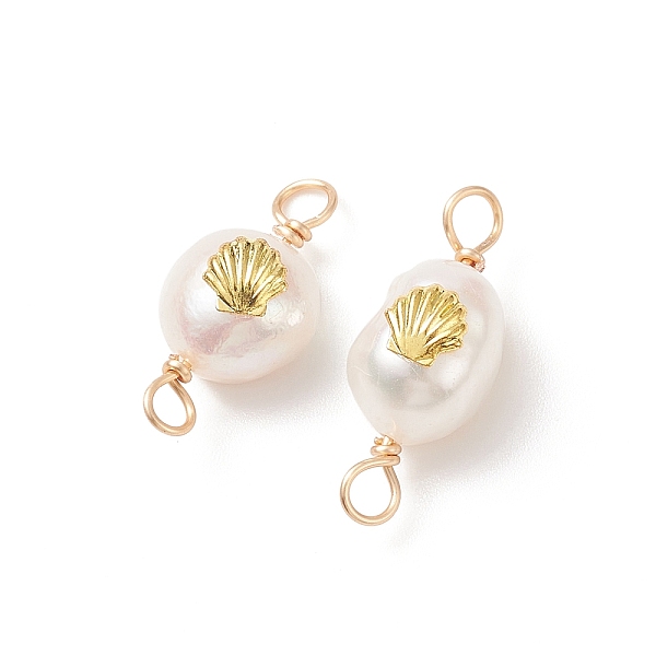 

PandaHall Grade AA Natural Cultured Freshwater Pearl Connector Charms with Golden Tone Alloy Slices, Two Sides Polished, with Copper Wire..., White