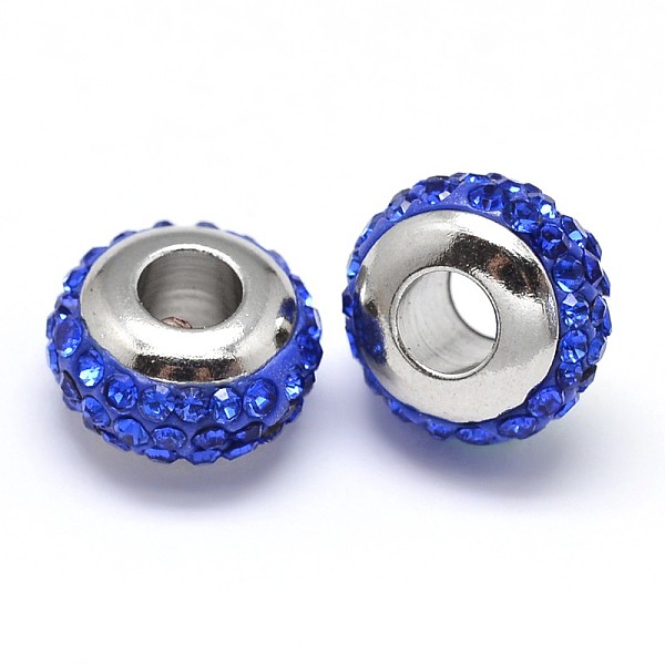 

PandaHall Rondelle 304 Stainless Steel Polymer Clay Rhinestone European Beads, with Double Side Platinum Color Core, Stainless Steel Color..., Blue