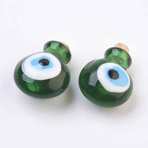 

PandaHall Handmade Lampwork Perfume Bottle Pendants, Essential Oil Bottle, Evil Eye, Green, 29.5~30mm, Hole: 5~5.5mm, Bottle Capacity...