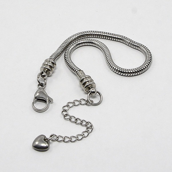 

PandaHall 304 Stainless Steel European Round Snake Chains Bracelets, with Lobster Claw Clasp and Heart Charms, Stainless Steel Color...