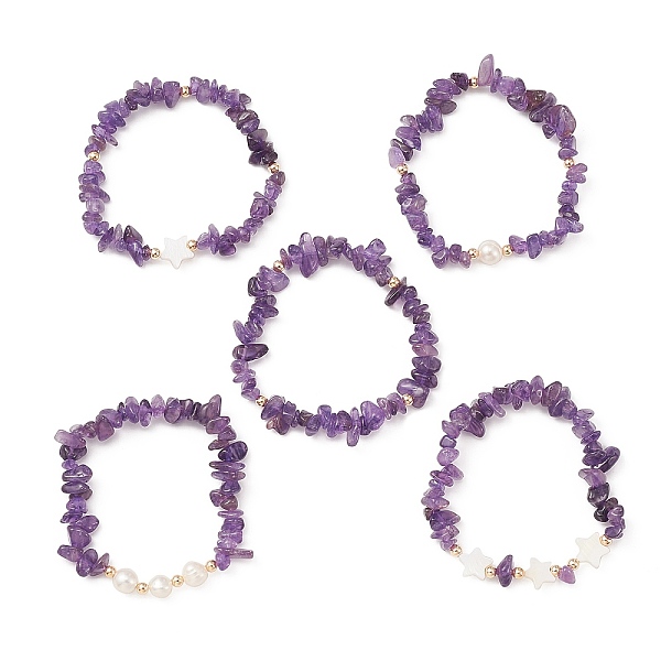 

PandaHall 5Pcs 5 Style Natural Amethyst Chips Stretch Bracelets Set, Natural Shell Star Stackable Bracelets, Inner Diameter: 2-1/8 inch...