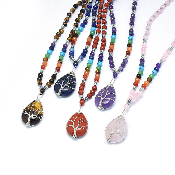 

PandaHall Yoga Chakra Jewelry, Natural & Synthetic Mixed Stone Pendant Necklaces, with Brass Findings, Teardrop with Tree, 23.62 inch(60cm)..., Multicolor