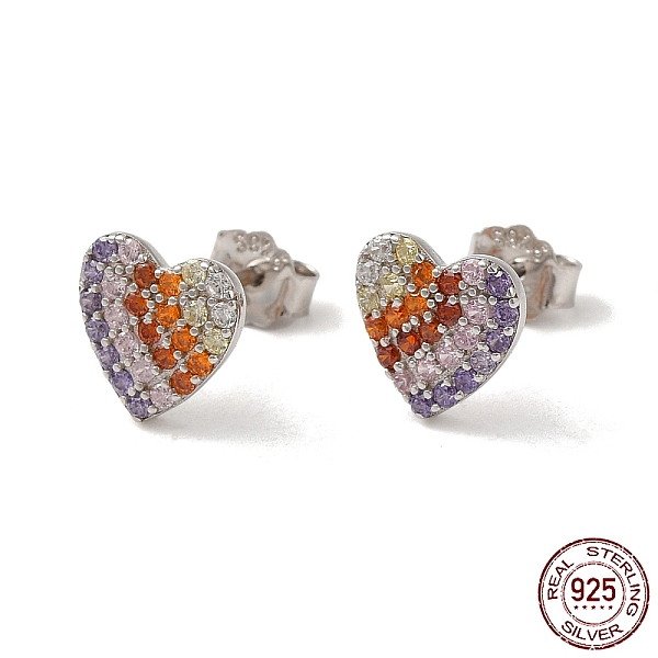 

PandaHall Heart Rhodium Plated 925 Sterling Silver Stud Earrings, with Colorful Cubic Zirconia, with S925 Stamp, Real Platinum Plated, 9x9mm...