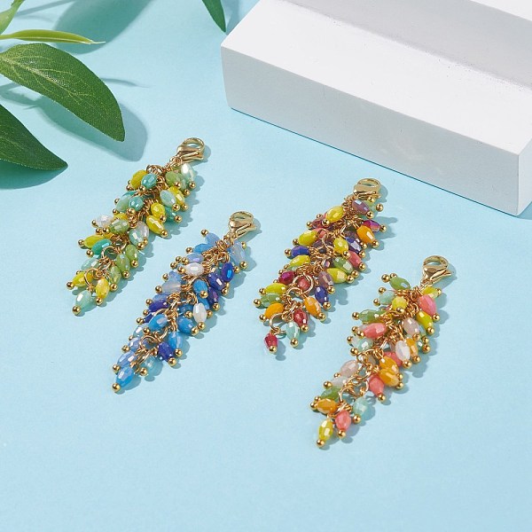 

PandaHall Cluster Electroplate Glass Beads Pendant Decoration, with Golden Tone 304 Stainless Steel Lobster Claw Clasps, Mixed Color, 58mm..., Multicolor