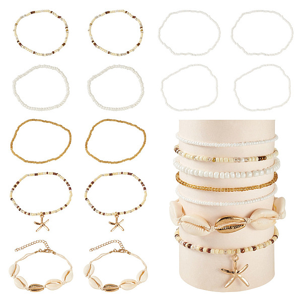 2 Bags Summer Beach Glass Seed Beaded & Natural Shell & Alloy Starfish Charm Anklet Sets