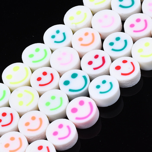 

PandaHall Handmade Polymer Clay Bead Strands, Flat Round with Smiling Face, Mixed Color, 9.5~10x4~5mm, Hole: 1.6mm, about 40pcs/strand..., Multicolor